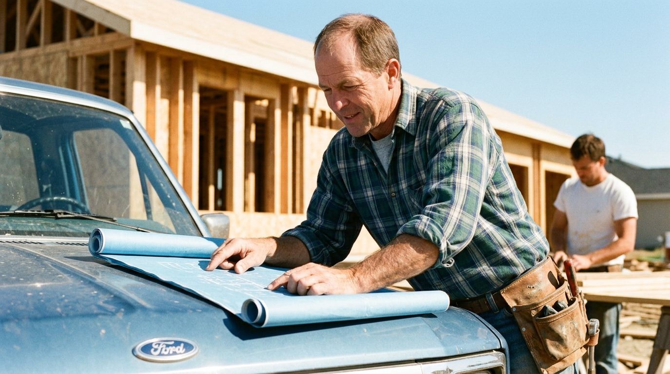 A builder reviewing plans on the jobsite