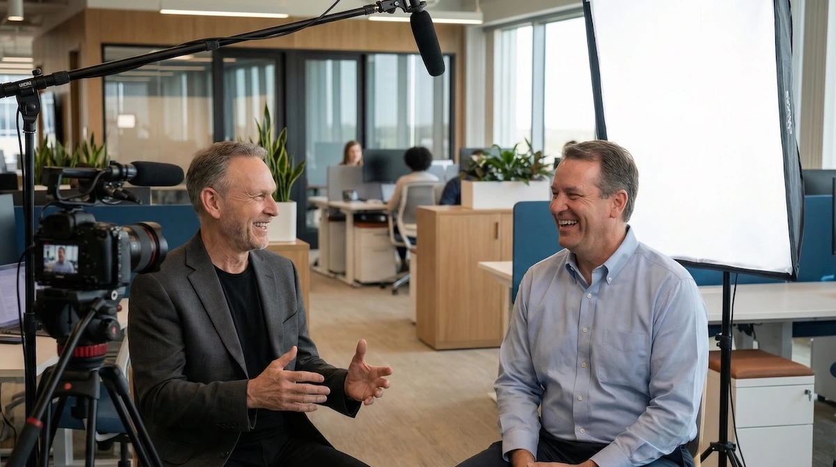 John interviewing a client, both laughing mid-conversation