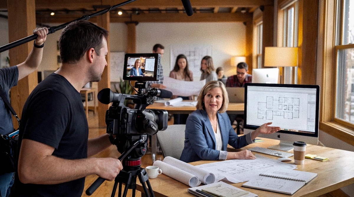 Behind the scenes filming an architecture client at her desk